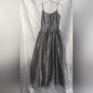 Shimmery grey tulle princess spaghetti strap sparkle floral bodice form dress
